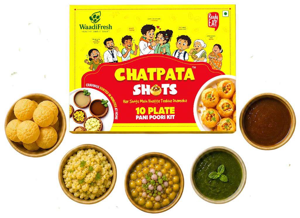 Everything inside a WaadiFresh Chatpata Shots box — puris, pani, chutneys, filling and masala sachets